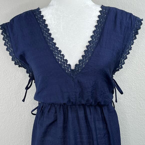 Lush Navy Blue Lace Trim Gauze V-Neck High-Low Sleeveless Midi Dress Large - Picture 6 of 14